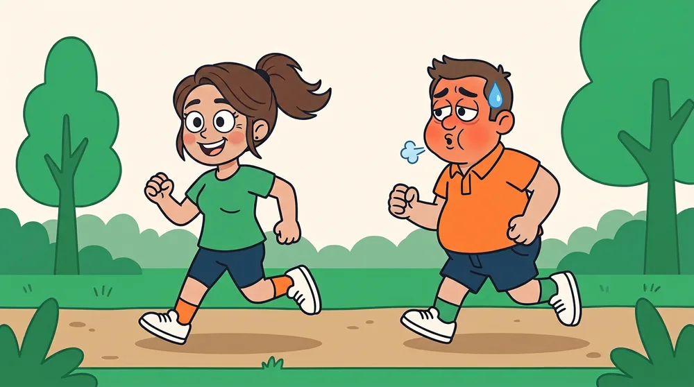 Cartoon of Bev jogging happily ahead while Baz puffs behind her, red-faced, with a sweat drop flying off