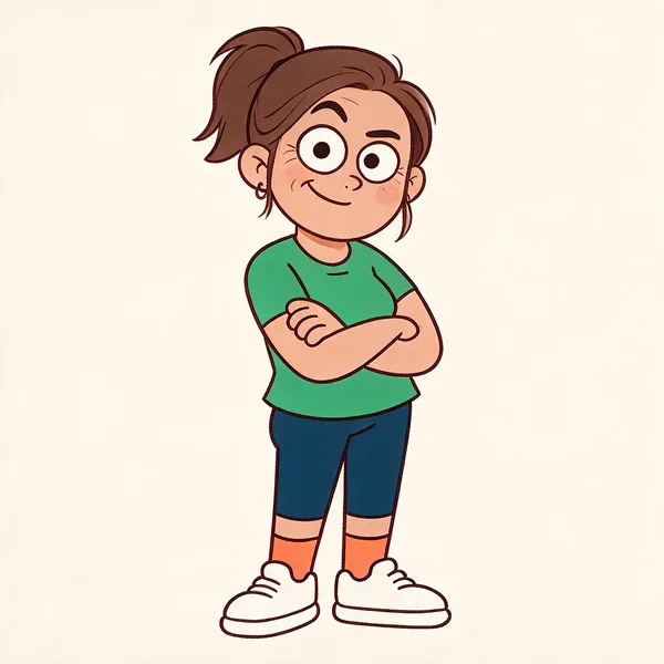 Bev in her green top, arms folded, one eyebrow raised