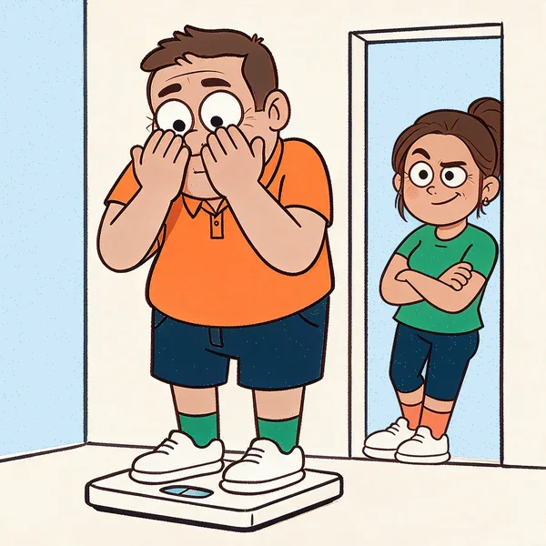 Baz peeking nervously at the bathroom scale while Bev watches from the doorway